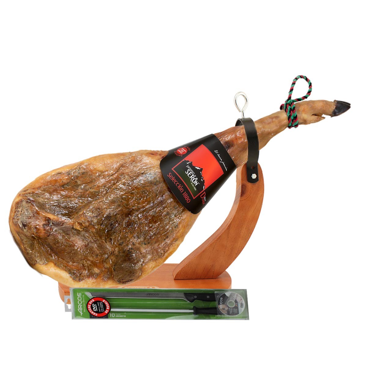 Jamón Serrano de Serón Selección 1880 con jamonero y cuchillo