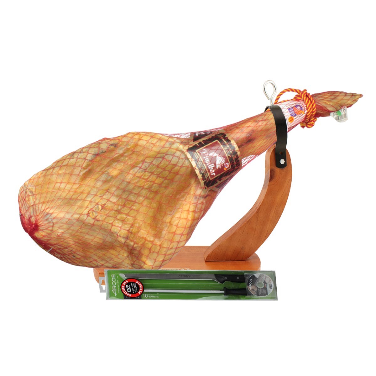 Jamón de Teruel Serrano D.O.P. Pinalbar con jamonero y cuchillo Arcos