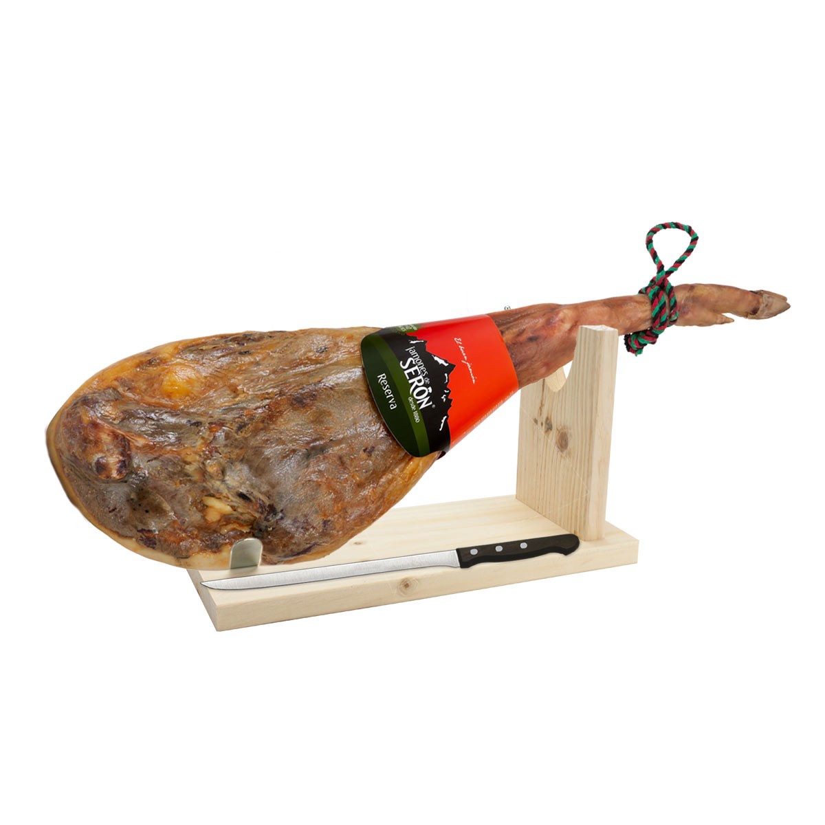 Jamón Serrano de Serón Reserva con jamonero y cuchillo