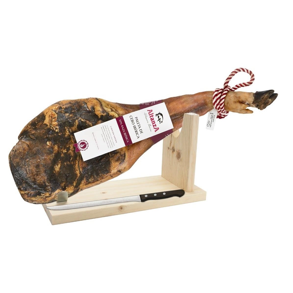 Paleta Cebo 50% Ibérica Jabugo Altanza con jamonero y cuchillo Altanza