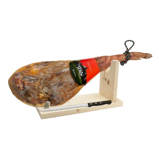 Jamón Serrano de Serón Reserva con jamonero y cuchillo Jamones de Serón