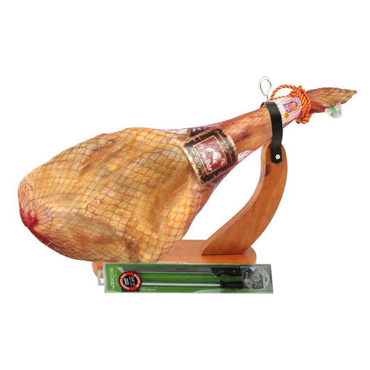 Jamón de Teruel Serrano D.O.P. Pinalbar con jamonero y cuchillo Arcos Pinalbar